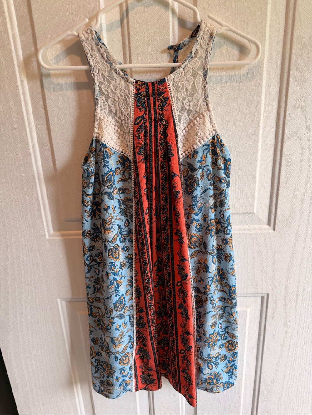 Sleeveless Lace Yoke Shift Dress in Light Blue and Coral